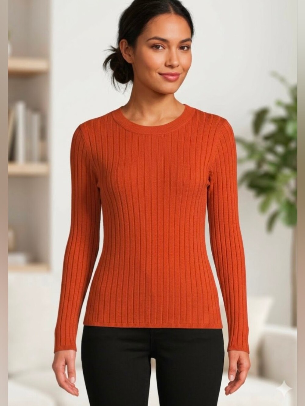 No Boundaries Pumpkin Spice Ribbed Knit Crew Neck Long Sleeve Top Size Large
